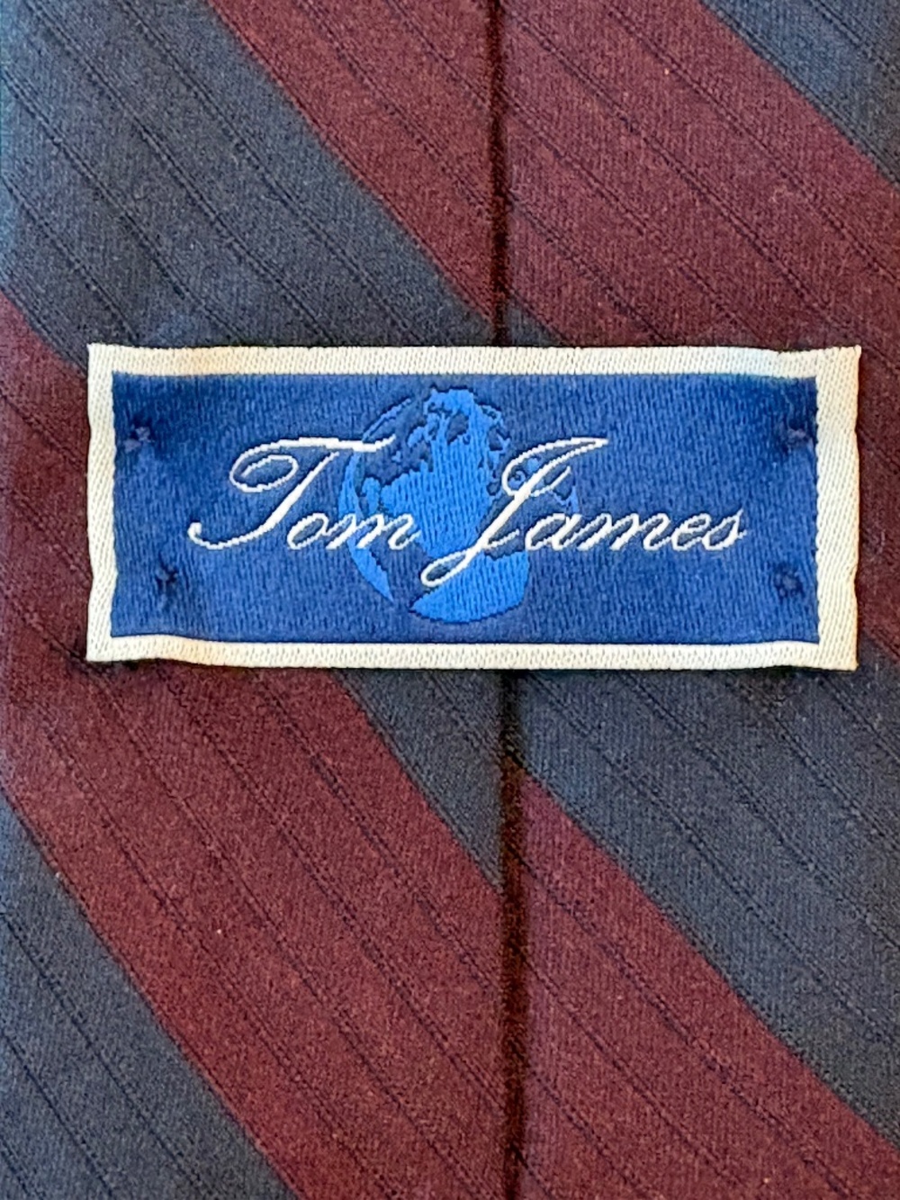Tom James Silk Wool Blend Striped Necktie Regimental Burgundy Blue